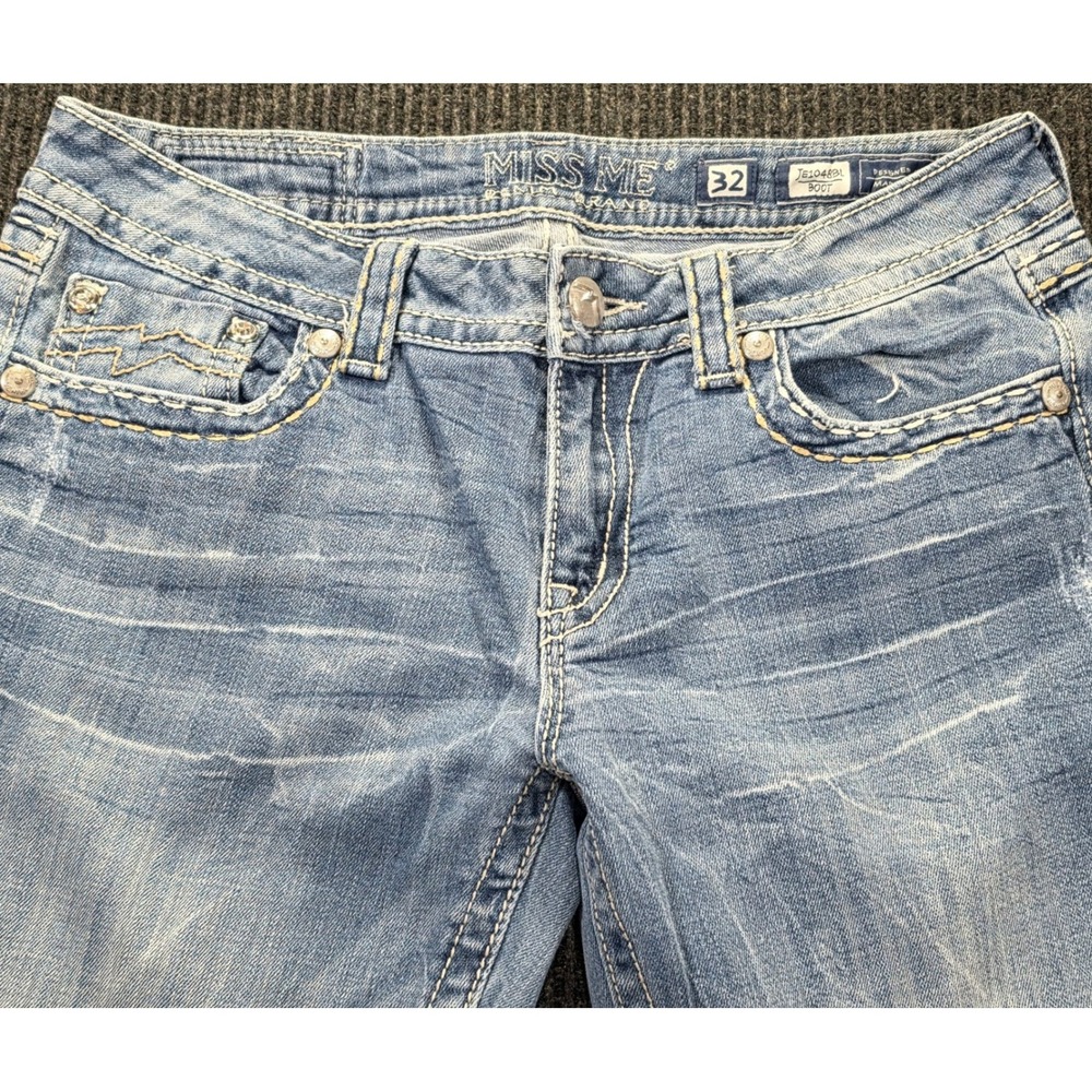 Miss Me Bootcut Jeans Womens 32 Blue Good Cut Hem Thick Stitch Rhinestone